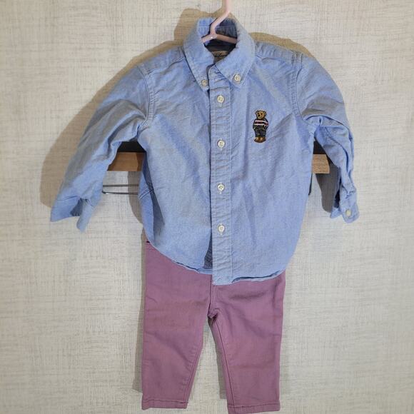 Vtg Ralph Lauren Polo Bear Outfit Set Button-Up Shirt 12 Months & Pants 6 Months - Picture 1 of 13